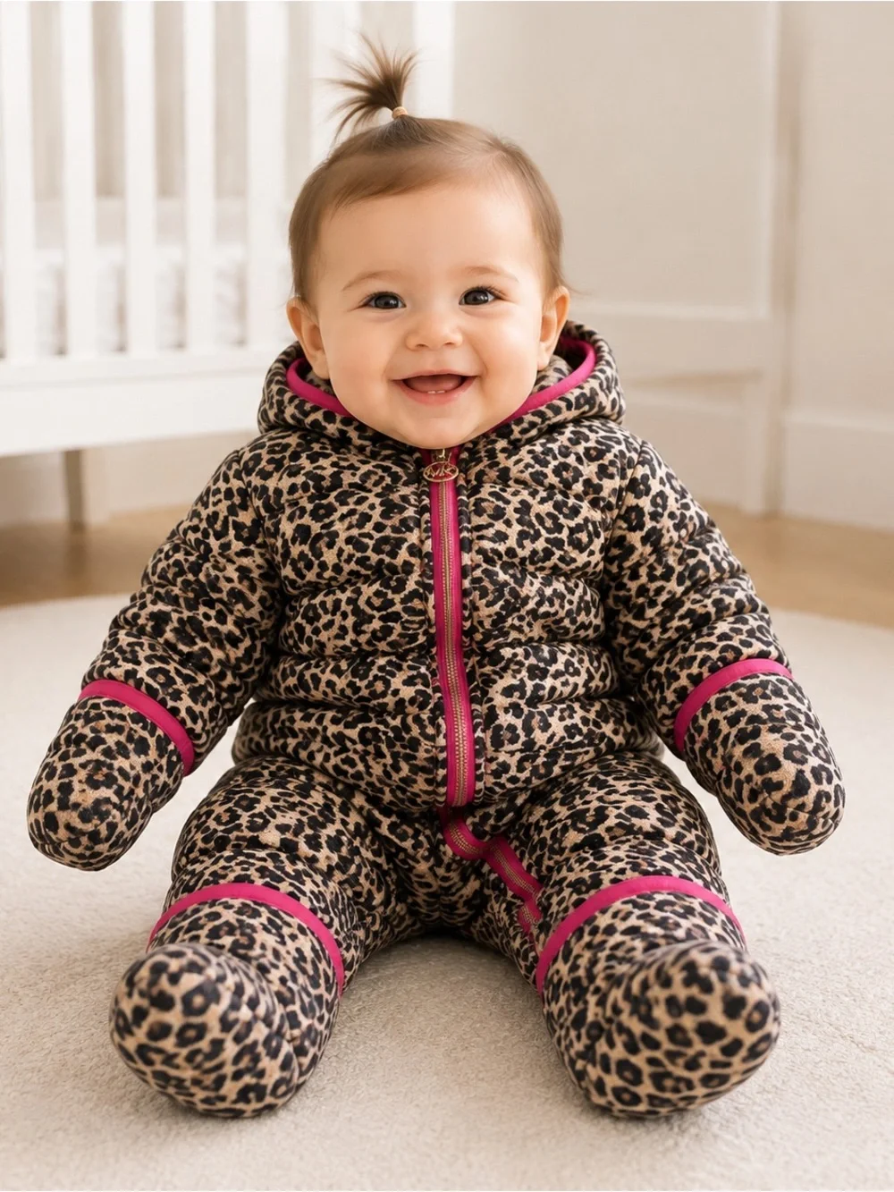 MICHAEL Michael Kors Leopard-Print Puffer One-Piece Pink Trim 0-6 M NWT